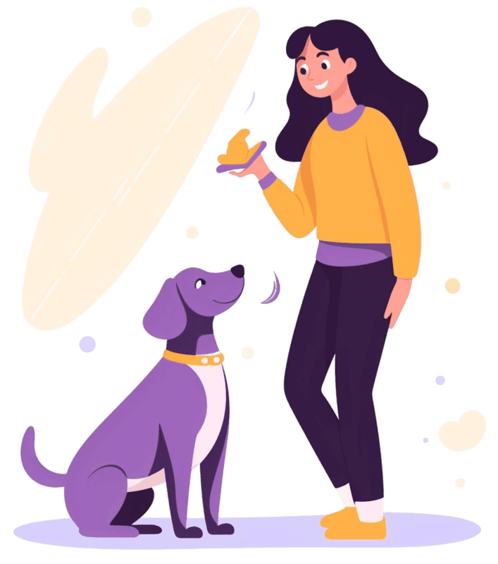 woman standing with dog and holding a cup